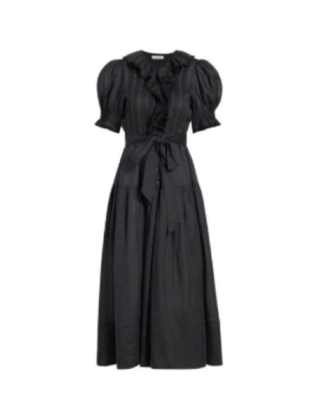 Doen The Poet Black Ruffle-Trim Puff-Sleeve Maxi Dress with Waist Tie